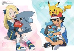 Rule 34 | 1boy, 1girl, 3others, :d, ;d, aged down, artist request, ash ketchum, bad link, baseball cap, black footwear, black hair, blonde hair, blue background, blue dress, blue footwear, blue shorts, blue vest, brown eyes, collar, copyright name, creatures (company), cynthia (pokemon), dress, english text, game freak, gen 1 pokemon, gen 4 pokemon, gible, grey eyes, hair ribbon, hat, highres, hiragana, holding, holding pokemon, hug, kanji, katakana, long hair, looking at another, multiple others, nintendo, official art, on head, on lap, one eye closed, open mouth, parted bangs, pikachu, pink background, pokemon, pokemon (anime), pokemon (creature), pokemon journeys, pokemon on head, pokemon on lap, red headwear, ribbon, riolu, shirt, shoes, shorts, sitting, sitting on lap, sitting on person, smile, socks, vest, white collar, white shirt, white socks