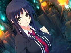 Rule 34 | 1girl, black eyes, breasts, closed mouth, dutch angle, eyebrows, female focus, fire, game cg, grass, hand on own chest, hand up, happy, iizuki tasuku, izumi wakoto, large breasts, long hair, looking at viewer, lovely x cation 2, necktie, night, outdoors, purple hair, school uniform, sidelocks, smile, solo, standing, tree, upper body, wood