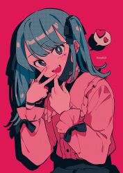 Rule 34 | 1girl, artist name, bandaid, bandaid on neck, black bow, black skirt, blouse, blue eyes, blue hair, blush, bow, buttons, collared shirt, ear piercing, fang, frills, hair between eyes, hair bow, hands up, hatsune miku, heart, heart in eye, heart tattoo, highres, jewelry, long hair, long sleeves, looking at viewer, mask, menma (enaic31), mouth mask, official alternate costume, open mouth, piercing, pink background, pink shirt, puffy long sleeves, puffy sleeves, ring, shadow, shirt, simple background, skirt, smile, solo, speech bubble, symbol in eye, tattoo, teeth, tongue, twintails, v, vampire (vocaloid), vocaloid