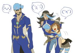 Rule 34 | 10s, 1boy, 2girls, archie (pokemon), archie (pokemon oras), artist request, bandana, bare shoulders, beard, black hair, blue eyes, bodysuit, breasts, brown hair, clenched teeth, closed eyes, creatures (company), dark-skinned male, dark skin, facial hair, game freak, goggles, hair over one eye, hug, jewelry, long hair, may (pokemon), midriff, multicolored hair, multiple girls, necklace, nintendo, open mouth, pants, pantyhose, pokemon, pokemon oras, shelly (pokemon), shelly (pokemon oras), short hair, short shorts, shorts, teeth, yuri