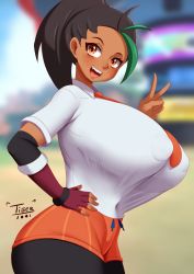 Rule 34 | 1girl, ass, black hair, breasts, brown eyes, brown pantyhose, cloud, covered erect nipples, cowboy shot, creatures (company), dark-skinned female, dark skin, day, game freak, green hair, highres, huge breasts, long hair, multicolored hair, necktie, nemona (pokemon), nintendo, no bra, open clothes, orange panties, outdoors, panties, pantyhose, pokemon, pokemon sv, ponytail, shiny clothes, shirt, short sleeves, sky, solo, standing, tiger1001, two-tone hair, underwear, white shirt