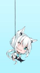Rule 34 | 1girl, absurdres, animal ears, black shorts, blue background, blue neckerchief, blush, chibi, commentary request, detached sleeves, fox ears, fox girl, fox tail, green eyes, hair between eyes, hanging, highres, hololive, hood, hoodie, ikamoworkshop, long hair, looking at viewer, neckerchief, one eye closed, open mouth, shirakami fubuki, shirakami fubuki (1st costume), short shorts, shorts, sidelocks, simple background, single thighhigh, solo, tail, thigh strap, thighhighs, virtual youtuber, white hair, white hoodie, wire