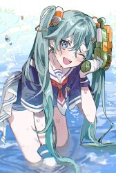 Rule 34 | 1girl, aqua hair, bent over, blue eyes, blue shirt, blush, commentary, dangle earrings, day, dress, earrings, funade no mae no one day trip (project sekai), gloves, hair between eyes, hair ornament, hairpin, hatsune miku, highres, holding, holding water gun, in water, inu totemo, jewelry, long bangs, long hair, looking at viewer, more more jump! miku, necktie, official alternate costume, one eye closed, outdoors, partially submerged, project sekai, red necktie, ripples, sailor collar, sailor dress, sailor shirt, shallow water, shirt, short sleeves, solo, sparkle, sparkle background, twintails, very long hair, vocaloid, water, water drop, water gun, wet, wet clothes, wet dress, white gloves
