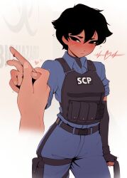 Rule 34 | 1boy, 1girl, absurdres, belt, black belt, black eyes, black gloves, black hair, bleeding, blood, blue pants, blue shirt, blush, bulletproof vest, cardiogram, collared shirt, commentary, contrapposto, cowboy shot, cowlick, cut finger, cuts, dark-skinned female, dark skin, disembodied hand, elbow gloves, embarrassed, english commentary, facial scar, fingerless gloves, flying sweatdrops, frown, gloves, hair between eyes, heart, highres, holding hands, holster, injury, light-skinned palms, looking at viewer, messy hair, nervous, out of frame, pants, police, police uniform, policewoman, pov, pov hands, pudgeruffian, scar, scar on cheek, scar on face, scp foundation, shirt, short hair, short sleeves, simple background, single glove, solo focus, standing, sweatdrop, thigh holster, thigh strap, undershirt, unworn gloves, very short hair, walkie-talkie