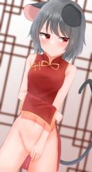 Rule 34 | 1girl, alternate costume, animal ears, bare shoulders, blurry, blurry background, blush, breasts, china dress, chinese clothes, closed mouth, clothes lift, commentary request, cowboy shot, dakuazu, dress, dress lift, dutch angle, floppy ears, grey hair, highres, lifted by self, looking to the side, mouse ears, mouse girl, mouse tail, navel, nazrin, no panties, pussy, pussy juice, red dress, red eyes, short dress, short hair, side slit, small breasts, solo, tail, touhou