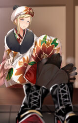 Rule 34 | 1girl, absurdres, blonde hair, blue eyes, blurry, boots, unworn boots, depth of field, feet, hat, highres, japanese clothes, kantai collection, light blush, long hair, pantyhose, parted lips, richelieu (kancolle), shoes, unworn shoes, soles, steam, toes