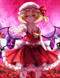 Rule 34 | 1girl, bad id, bad pixiv id, blonde hair, evil grin, evil smile, flandre scarlet, flower, frilled skirt, frills, grin, hat, highres, laevatein, mob cap, moon, nail polish, open hand, petals, puffy short sleeves, puffy sleeves, red eyes, red moon, red nails, rose, sheya, shirt, short hair, short sleeves, skirt, smile, solo, touhou, vest, wings