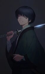 Rule 34 | 1boy, ^ ^, black hair, closed eyes, collared shirt, facing to the side, facing viewer, from side, green kimono, grey background, hand up, highres, holding, holding sword, holding weapon, japanese clothes, katana, kimono, long sleeves, male focus, okurase, rurouni kenshin, scabbard, seta soujirou, sheath, shirt, short hair, simple background, smile, solo, sword, unsheathed, upper body, weapon, white shirt, wide sleeves