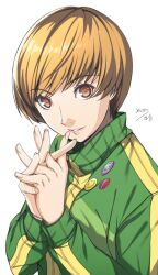 Rule 34 | 1girl, badge, brown eyes, brown hair, button badge, eyelashes, green jacket, hands up, highres, jacket, long sleeves, looking at viewer, own hands together, parted lips, persona, persona 4, satonaka chie, shadow, short hair, signature, simple background, smile, solo, swept bangs, track jacket, upper body, white background, yaoto