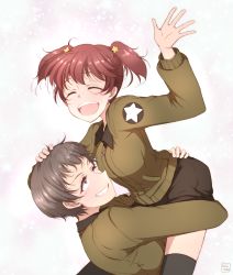 Rule 34 | 10s, 2girls, alisa (girls und panzer), arm up, arms around waist, artist name, black thighhighs, blush, bomber jacket, brown eyes, brown hair, closed eyes, commentary request, freckles, girls und panzer, grin, hair ornament, hand on another&#039;s head, highres, jacket, kibimoka, lifting person, looking at another, multiple girls, naomi (girls und panzer), one eye closed, open mouth, short hair, short shorts, short twintails, shorts, signature, smile, star (symbol), star hair ornament, thighhighs, twintails, very short hair, wing collar, zipper pull tab