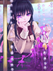 Rule 34 | 10s, 1girl, akemi homura, akuma homura, black hair, bow, cocktail umbrella, crying, cup, drink, drinking glass, drinking straw, earrings, food, fruit, gem, hairband, hand on own cheek, hand on own face, highres, jewelry, kakanori, kaname madoka, lemon, lemon slice, long hair, looking at another, mahou shoujo madoka magica, mahou shoujo madoka magica: hangyaku no monogatari, school uniform, short twintails, silhouette, single earring, smile, spilling, spoilers, table, twintails, wine glass