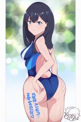 Rule 34 | 1girl, ass, backless outfit, backless swimsuit, blue eyes, blue hair, blue one-piece swimsuit, breasts, competition swimsuit, gridman universe, highleg, highleg swimsuit, highres, huge ass, long hair, looking at viewer, looking back, medium breasts, official alternate costume, one-piece swimsuit, shee-p (inemurisheep113), ssss.gridman, swimsuit, takarada rikka, thick thighs, thighs, wide hips, writing on thighs