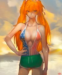 Rule 34 | 1girl, alternate costume, alternate hairstyle, american flag, american flag print, american flag swimsuit, arm at side, artist name, bare arms, blue eyes, blue one-piece swimsuit, breasts, casual one-piece swimsuit, center opening, closed mouth, cloud, cloudy sky, collarbone, commentary request, contrapposto, cowboy shot, day, drawstring, fingernails, flag print, gluteal fold, green shorts, hair between eyes, hair ornament, hair up, halterneck, hand on own hip, hip focus, horizon, korean text, large breasts, long hair, looking at viewer, medium breasts, multicolored clothes, multicolored swimsuit, nail polish, neon genesis evangelion, ocean, one-piece swimsuit, orange hair, outdoors, parted bangs, print swimsuit, red one-piece swimsuit, short shorts, shorts, side slit, sideboob, signature, sky, solo, souryuu asuka langley, standing, star (symbol), star print, striped clothes, striped one-piece swimsuit, sun, sunlight, sunset, swimsuit, swimsuit under clothes, twintails, vertical stripes, water, wet, white nails, yd (orange maru)