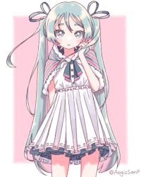Rule 34 | 1girl, aegissanp, arms behind back, artist name, blue eyes, blue hair, blush stickers, capelet, dress, frills, fur-trimmed capelet, fur trim, hair ribbon, hand up, hatsune miku, heart, heart print, highres, hood, hooded capelet, layered dress, long hair, looking at viewer, parted lips, pleated dress, ribbon, solo, thick eyebrows, twintails, very long hair, vocaloid