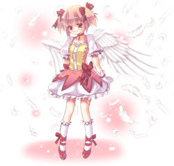 Rule 34 | 10s, 1girl, bad id, bad pixiv id, feathers, footwear ribbon, hyakko yuo, kaname madoka, magical girl, mahou shoujo madoka magica, mahou shoujo madoka magica (anime), pink hair, red eyes, shoes, short hair, smile, solo, twintails, wings