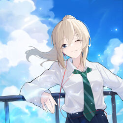 Rule 34 | 1girl, against railing, blonde hair, blue eyes, blue skirt, blue sky, chinese commentary, cloud, collared shirt, commentary request, day, earbuds, earphones, floating hair, girls band cry, kawaragi momoka, light particles, long hair, long sleeves, one eye closed, outdoors, parted lips, ponytail, railing, shirt, skirt, sky, smile, solo, white shirt, yun cao bing