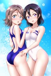 Rule 34 | 10s, 2girls, :o, absurdres, arm around waist, ass, bare arms, bare shoulders, black hair, blue background, blue eyes, blue one-piece swimsuit, blush, breasts, ckst, cleavage, commentary request, competition swimsuit, cousins, covered navel, cowboy shot, grey hair, hand on another&#039;s shoulder, highres, looking at viewer, looking back, love live!, love live! sunshine!!, medium breasts, multiple girls, one-piece swimsuit, open mouth, parted lips, purple eyes, short hair, shoulder blades, smile, swept bangs, swimsuit, thighs, watanabe tsuki, watanabe you, white one-piece swimsuit