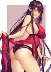 Rule 34 | 1girl, alternate costume, ass, bad id, bad twitter id, black hair, blush, breasts, brown hair, clothes lift, commentary, commission, dress, fang, fate/apocrypha, fate/grand order, fate (series), hair between eyes, highres, lace, lace panties, large breasts, lifting own clothes, long dress, long hair, looking at viewer, mijajure, open mouth, panties, pointy ears, red dress, semiramis (fate), sideboob, skirt, skirt lift, spikes, thighs, underwear, very long hair, yellow eyes