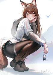 Rule 34 | 1girl, :d, animal ear fluff, animal ears, arknights, black shorts, brown eyes, brown hair, brown pantyhose, commentary, fox ears, fox tail, franka (arknights), franka (rainforest me rainbow) (arknights), grey shirt, holding, jacket, charm (object), krirk, liskarm (arknights), long hair, long sleeves, looking at viewer, midriff, open clothes, open jacket, open mouth, pantyhose, shirt, shoes, short shorts, shorts, smile, solo, squatting, tail, white jacket