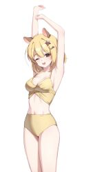 Rule 34 | 1girl, animal ears, armpits, arms up, bare arms, bare shoulders, bikini, blonde hair, breasts, brown eyes, hair ornament, hairclip, highres, looking at viewer, navel, one eye closed, open mouth, original, short hair, simple background, small breasts, smile, solo, spaghetti strap, stomach, swimsuit, thighs, ugwa, white background, yellow bikini