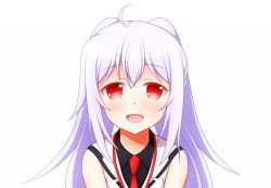 Rule 34 | 1girl, :d, ahoge, black shirt, bow, hair bow, isla (plastic memories), long hair, looking at viewer, natsu (927013), necktie, open mouth, plastic memories, red eyes, red necktie, shirt, silver hair, simple background, sleeveless, sleeveless shirt, smile, solo, twintails, uniform, white background