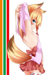 Rule 34 | 1girl, animal ear fluff, animal ears, arms up, ass, bare shoulders, bell, blonde hair, blue eyes, detached sleeves, flat chest, fox ears, fox tail, from side, jingle bell, kemomimi oukoku kokuei housou, long hair, microskirt, mikoko (kemomimi oukoku kokuei housou), pleated skirt, profile, red skirt, ribbon-trimmed legwear, ribbon trim, shirosuzu, skirt, solo, tail, thighhighs, virtual youtuber, white background, white thighhighs