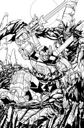 Rule 34 | alex milne, bad id, bad twitter id, comic cover, fighting, golion (mecha), greyscale, holding, holding sword, holding weapon, hyakujuu-ou golion, kaijuu, lineart, looking down, mecha, monochrome, no humans, official art, robot, science fiction, super robot, sword, voltron (mecha), voltron (series), weapon