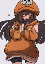 Rule 34 | 1girl, absurdres, baggy clothes, black shorts, brown eyes, brown hair, cabbie hat, closed mouth, cowboy shot, guilty gear, guilty gear strive, hair between eyes, hat, highres, ida (idalol490), jacket, long sleeves, looking at viewer, may (guilty gear), orange hat, orange jacket, shorts, skull and crossbones, solo, white background