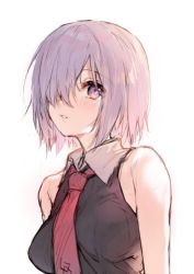 Rule 34 | 1girl, bad id, bad twitter id, black shirt, breasts, fate/grand order, fate (series), hair over one eye, large breasts, looking at viewer, lowres, mash kyrielight, necktie, parted lips, pf, purple eyes, red necktie, shirt, short hair, silver hair, simple background, sketch, sleeveless, sleeveless shirt, solo, upper body, white background