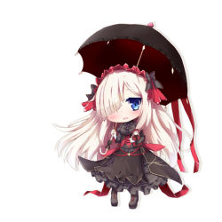 Rule 34 | 1girl, artist request, black bow, black footwear, blue eyes, blush, boots, bow, breasts, chibi, female focus, fingerless gloves, full body, gloves, gothic lolita, hair bow, hair over one eye, hairband, hands up, holding, kanpani girls, layered sleeves, lolita fashion, lolita hairband, long hair, long sleeves, looking at viewer, open mouth, pigeon-toed, platinum blonde hair, puffy sleeves, short over long sleeves, short sleeves, simple background, small breasts, smile, solo, standing, veronica rosen, white background, white gloves