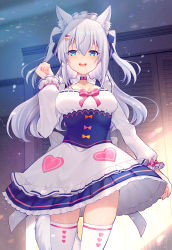 Rule 34 | 1girl, animal ear fluff, animal ears, blue eyes, blush, bow, breasts, cat ears, cat girl, cat tail, collarbone, commentary request, dress, frills, hair between eyes, hair bow, hair ornament, heart, heart print, highres, indoors, long hair, long sleeves, looking at viewer, maid, maid headdress, medium breasts, noripro, okanoyuno, open mouth, shirayuki mishiro, smile, solo, tail, thighhighs, two side up, virtual youtuber, white hair, white thighhighs