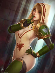 Rule 34 | 1girl, adeptus astartes, armor, blonde hair, boots, breasts, brown hood, cleavage, covered erect nipples, dark angels, finger to mouth, green eyes, hand on own hip, highres, index finger raised, lips, lipstick, long hair, looking at viewer, makeup, medium breasts, naked tabard, open mouth, pauldrons, red lips, shoulder armor, shushing, smile, solo, space marine, tabard, themaestronoob, thigh boots, warhammer 40k