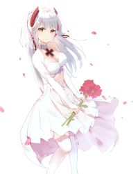 Rule 34 | 1girl, antenna hair, azur lane, bare shoulders, blue gemstone, blush, breasts, bridal gauntlets, bridal veil, brown eyes, cleavage, closed mouth, cross, dress, floating hair, flower, garter straps, gem, gloves, hair between eyes, headgear, holding, holding flower, iron cross, long hair, looking at viewer, medium breasts, mole, mole on breast, multicolored hair, petals, prinz eugen (azur lane), prinz eugen (symphonic fate) (azur lane), red hair, see-through, sidelocks, silver hair, simple background, smile, solo, streaked hair, thighhighs, two side up, veil, very long hair, wedding dress, white background, white dress, white gloves, white thighhighs, wind, zhiyou ruozhe