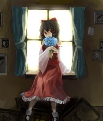 Rule 34 | 1girl, bad id, bad pixiv id, black hair, bouquet, curtains, detached sleeves, female focus, flower, hakurei reimu, indoors, japanese clothes, kame, miko, plant, red eyes, skirt, solo, touhou, window