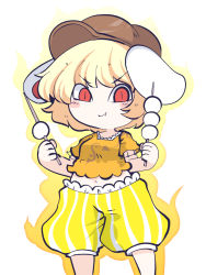 Rule 34 | 1girl, animal ears, blonde hair, blush stickers, brown hat, cabbie hat, chahan (fried rice0614), closed mouth, dango, food, hat, highres, holding, holding food, one-hour drawing challenge, orange shirt, rabbit ears, red eyes, ringo (touhou), shirt, short hair, short sleeves, shorts, simple background, smile, solo, striped clothes, striped shorts, touhou, vertical-striped clothes, vertical-striped shorts, wagashi, white background, yellow shorts