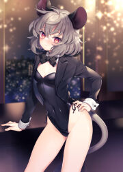 Rule 34 | 1girl, animal ears, black bow, black bowtie, black jacket, black leotard, blurry, blurry background, blush, bow, bowtie, city, commentary request, commission, detached collar, feet out of frame, grey hair, hand on own hip, highleg, highleg leotard, highres, jacket, leotard, long sleeves, looking at viewer, medium hair, mouse ears, mouse tail, nazrin, open clothes, open jacket, red eyes, skeb commission, sleeve cuffs, solo, tail, tomobe kinuko, touhou, window