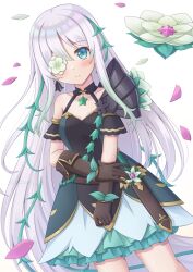Rule 34 | 1girl, anemone (princess connect!), armor, blush, breasts, cleavage, closed mouth, collarbone, commentary request, flower, flower eyepatch, grey hair, hair ornament, highres, kisetsu an, long hair, looking at viewer, pauldrons, petals, princess connect!, shoulder armor, simple background, single pauldron, small breasts, solo, white background