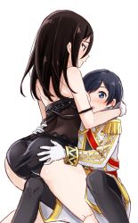 Rule 34 | 1boy, 1girl, arms around neck, ass, bad id, bad pixiv id, bare shoulders, black hair, black one-piece swimsuit, black pantyhose, blue eyes, blush, breasts, brown eyes, brown hair, clothes pull, cousins, epaulettes, gloves, hand on own ass, hand on own hip, highres, incest, long hair, looking down, looking up, madanai (morisumeshi), medal, medium breasts, military, military uniform, morag ladair (obligatory leave) (xenoblade), morag ladair (xenoblade), niall ardanach, nintendo, one-piece swimsuit, one-piece swimsuit pull, pantyhose, red sash, sash, short hair, siblings, sideboob, simple background, sitting, sitting on lap, sitting on person, strap slip, sweatdrop, swimsuit, thighs, uniform, white background, white gloves, white uniform, xenoblade chronicles (series), xenoblade chronicles 2