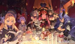 Rule 34 | 6+girls, ahoge, animal ears, asymmetrical horns, bare shoulders, black gloves, black hair, black ribbon, blonde hair, blue eyes, blush, book, bow, breasts, bug, butterfly, cake, candlelight, candlestand, candy, candy cane, chair, cleavage, cleavage cutout, closed eyes, clothing cutout, coat, crown, cup, curtains, cynthia (iron saga), demon horns, detached collar, detached sleeves, dice, dress, drill hair, facing viewer, fake animal ears, flower, food, frills, fur-trimmed coat, fur trim, gem, gloves, hair between eyes, hairband, hand on own chest, hands on own cheeks, hands on own face, hat, head on hand, holding, holding book, horn bow, horn ornament, horns, insect, iron saga, juliet sleeves, large breasts, leaning forward, lollipop, long hair, long sleeves, looking at viewer, macaron, maid, maid headdress, matilda (iron saga), medium breasts, messy hair, mini crown, monocle, multiple girls, official art, pancake, pink hair, puffy short sleeves, puffy sleeves, purple bow, purple eyes, purple flower, purple hat, purple rose, rabbit ears, red eyes, ribbon, riruru (iron saga), rose, saucer, shooting star, short hair, short sleeves, sidelocks, silver hair, sitting, skull, sky, slokai (iron saga), small breasts, star (sky), star (symbol), starry sky, starshadowmagician, stuffed toy, table, teacup, twin drills, twintails, very long hair, vesper (iron saga), weibo watermark, white flower, white rose, window, wynonna (iron saga)