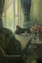 Rule 34 | :3, animal, animal focus, armchair, cat, chair, closed mouth, commentary, curtains, flower, green theme, highres, indoors, karin hosono, looking at viewer, no humans, on chair, open window, original, painting (medium), pink flower, plant, realistic, sitting, table, traditional media, vase, wide face, window