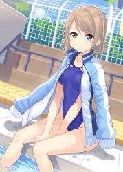 Rule 34 | 1girl, between legs, blue eyes, blue jacket, blue one-piece swimsuit, blue sky, blush, breasts, brown hair, closed mouth, cloud, collarbone, commentary request, competition school swimsuit, day, hajime kaname, hand between legs, highres, jacket, jacket on shoulders, looking at viewer, love live!, love live! sunshine!!, medium breasts, one-piece swimsuit, outdoors, pool, poolside, popped collar, railing, school swimsuit, sitting, sky, smile, soaking feet, solo, stairs, swept bangs, swimsuit, swimsuit under clothes, watanabe you, water, wet, wet hair