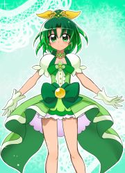 Rule 34 | 10s, 1girl, alternate color, bow, brooch, choker, cosplay, cure flora, cure flora (cosplay), gloves, go! princess precure, green background, green eyes, green hair, green skirt, green theme, hair bow, ikkyuu, jewelry, matching hair/eyes, midorikawa nao, ponytail, precure, puffy short sleeves, puffy sleeves, short hair, short sleeves, skirt, smile, smile precure!, solo, standing, waist bow, yellow bow