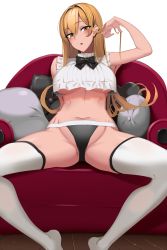 Rule 34 | 1girl, arasa (doko tetora), armchair, black bow, black bowtie, black panties, blonde hair, blush, bow, bowtie, breasts, chair, commentary request, doko tetora, hand up, large breasts, looking at viewer, original, panties, parted lips, sitting, solo, spread legs, thighhighs, underboob, underwear, white thighhighs, yellow eyes