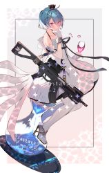 Rule 34 | 1girl, absurdres, assault rifle, blue hair, blush, character name, commentary, crown, cup, dress, drinking glass, english commentary, girls&#039; frontline, gloves, gun, hair between eyes, hairband, high heels, highres, hourglass, kalashnikov rifle, mini crown, official alternate costume, pantyhose, parted lips, purple eyes, rifle, short hair, sitting, solo, soukou makura, sparkle, two-tone background, weapon, white background, white dress, white gloves, white pantyhose, wine glass, zas m21 (girls&#039; frontline), zas m21 (white queen) (girls&#039; frontline), zastava m21