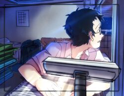 Rule 34 | 1boy, adachi tooru, bespectacled, black hair, book, book stack, collared shirt, desk lamp, glasses, grimace, indoors, kuga hotaru, lamp, looking outside, looking to the side, male focus, messy hair, night, paper, persona, persona 4, shirt, short hair, short sleeves, sitting, solo, white shirt