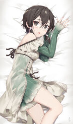 Rule 34 | 1girl, :o, alternate costume, asada shino, bare shoulders, bed sheet, black eyes, black hair, bow, breasts, dress, feet out of frame, frills, from above, gabiran, glasses, green dress, hair between eyes, hair bow, highres, long sleeves, lying, medium hair, open mouth, see-through, sleeves past wrists, small breasts, solo, striped sleeves, sword art online, white bow
