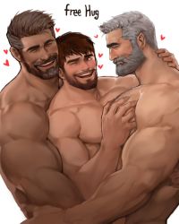 Rule 34 | 3boys, abs, bara, beard, body hair, brown hair, dopey (dopq), english text, facial hair, grabbing, grey hair, hug, large pectorals, looking at another, male focus, manly, multiple boys, muscular, nipples, original, pectoral docking, pectoral grab, pectoral press, pectorals, simple background, smile, upper body, yaoi