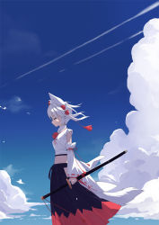 Rule 34 | 1girl, absurdres, animal ears, black skirt, blue sky, closed eyes, closed mouth, cloud, cloudy sky, commentary request, day, detached sleeves, feet out of frame, from side, hat, highres, hip vent, holding, holding sword, holding weapon, inubashiri momiji, kakaricho dairi, katana, medium hair, pom pom (clothes), profile, red hat, red skirt, ribbon-trimmed sleeves, ribbon trim, shirt, skirt, sky, sleeveless, sleeveless shirt, smile, solo, sword, tail, tassel, tokin hat, touhou, two-tone skirt, weapon, white hair, white shirt, white sleeves, wide sleeves, wolf ears, wolf girl, wolf tail