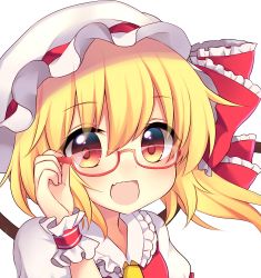 Rule 34 | 1girl, :d, adjusting eyewear, bespectacled, blonde hair, blush, bow, commentary request, eyebrows, flandre scarlet, glasses, hair between eyes, hair bow, hat, highres, looking at viewer, mob cap, open mouth, orange eyes, portrait, puffy sleeves, red-framed eyewear, red bow, ruhika, semi-rimless eyewear, side ponytail, simple background, smile, solo, touhou, under-rim eyewear, white background, white hat, wings, wrist cuffs
