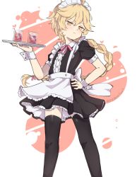 Rule 34 | 1boy, :t, aether (genshin impact), ahoge, apron, bad id, bad pixiv id, black legwear, black shirt, blonde hair, blush, bow, braid, buttons, center frills, collared shirt, commentary, crossdressing, diamond button, drink, english commentary, feet out of frame, frilled apron, frilled skirt, frills, genshin impact, glass, hand on own hip, highres, holding, holding tray, ice, ice cube, knees, long hair, looking at viewer, maid apron, maid headdress, nemuritaaii, pout, puffy short sleeves, puffy sleeves, shirt, short sleeves, single braid, skirt, standing, thighhighs, thighs, trap, tray, twitter username, white apron, wing collar, wrist cuffs, yellow eyes